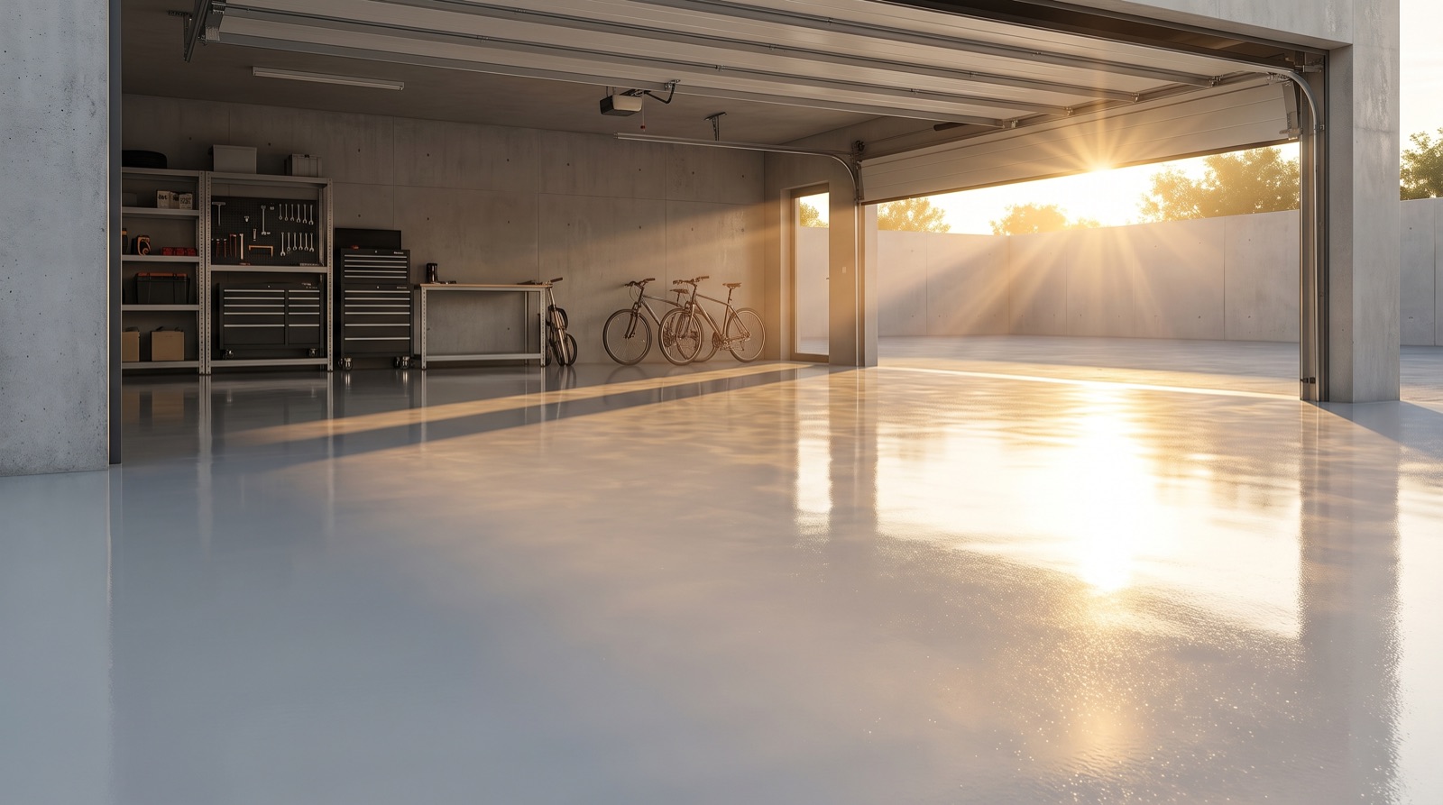 A polyaspartic-coated garage floor in warm afternoon light