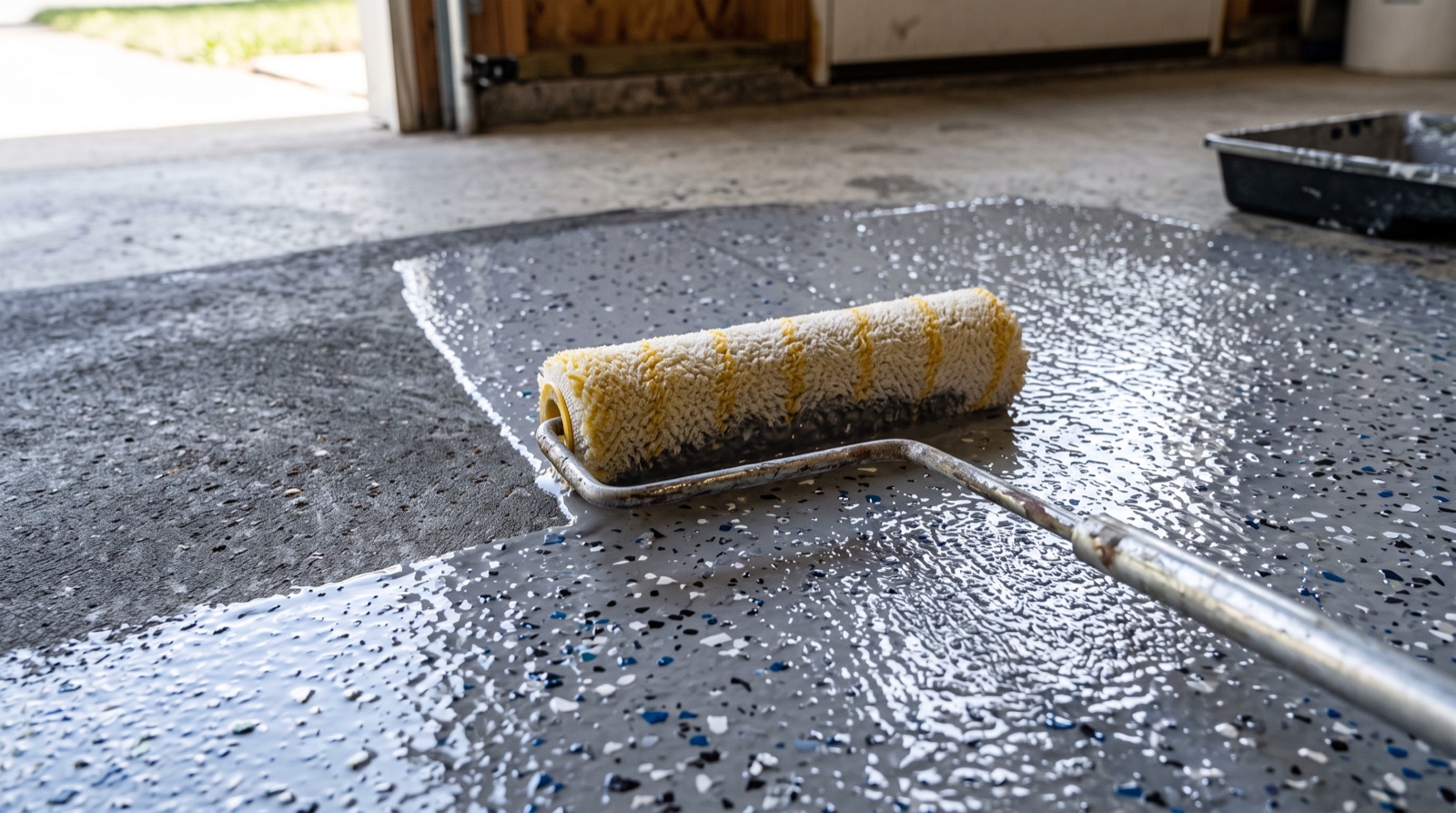 Raw concrete meeting a fresh polyaspartic topcoat mid-application